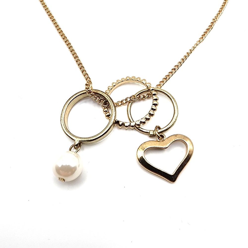 Faux Pearl Heart Charm‎ Necklace Gold Tone Romantic Love Jewelry